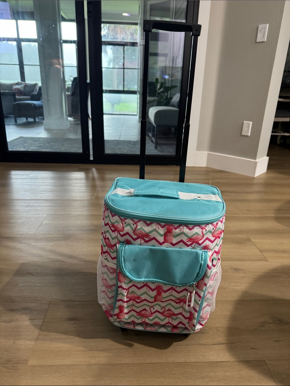 Turquoise and Pink Chevron Rolling Cooler Tote with Pineapple and flamingo Accen